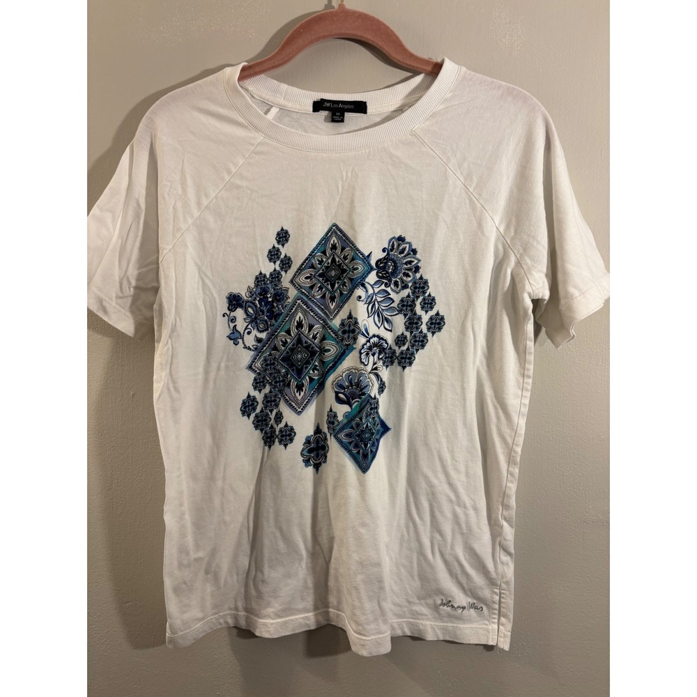 Johnny Was LA White Cotton Tee Shirt Blue Bandana Print XS
